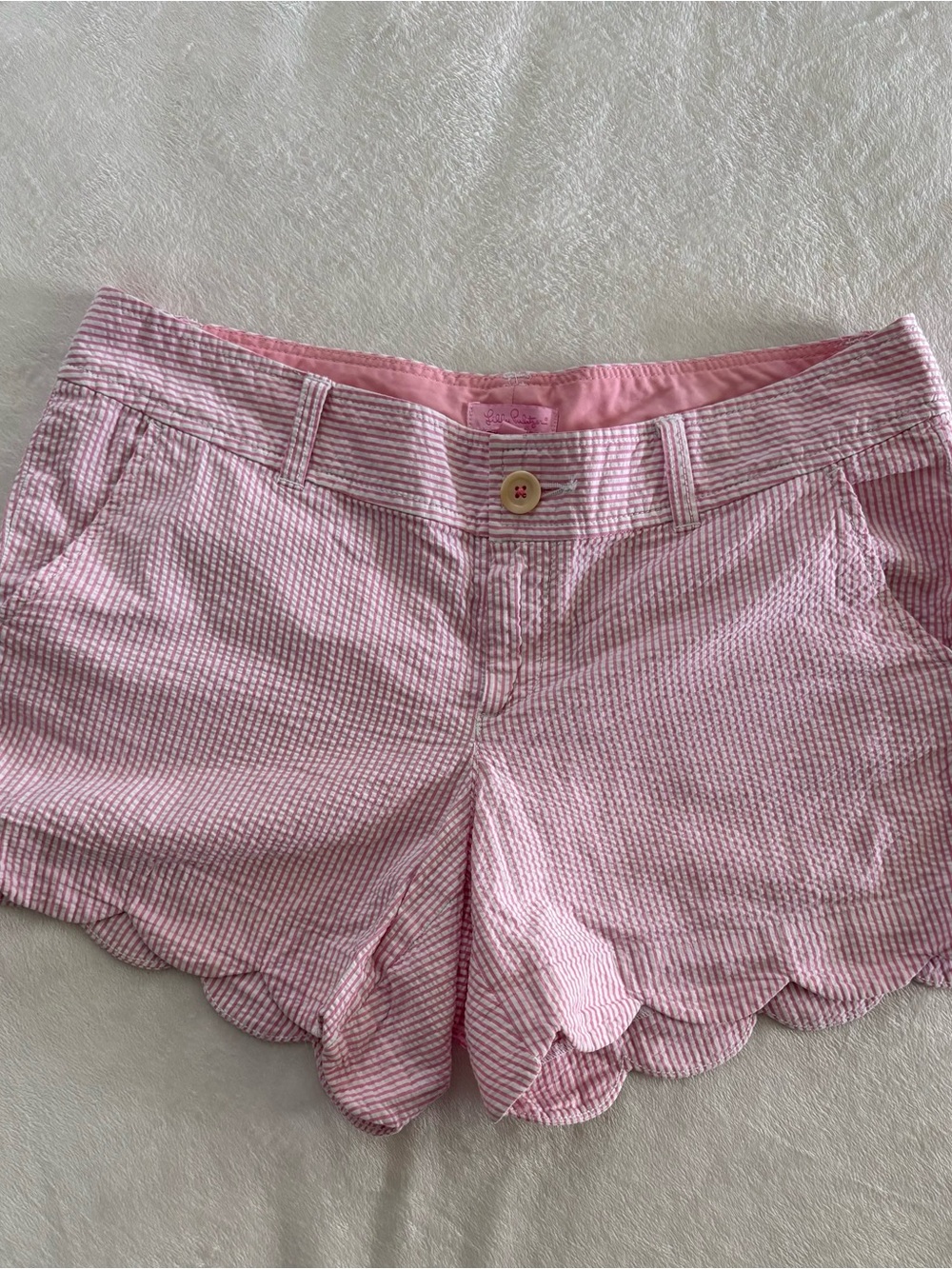 Lilly Pulitzer Pink Seersucker Scallop-Hem High-Waist Shorts